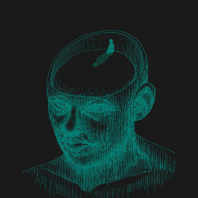 mila-okta-safitri-Bsa7MV4L764-unsplash Black background with a drawing of a head in teal colour. Inside the brain is the small image of a person sitting. A shadow is cast onto the ground.