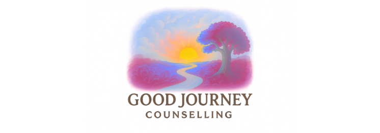 Good Journey Counselling Logo. A dusky sunset. A purple and pink coloured tree. A river meandering off into the distance. A bright yellow sun.